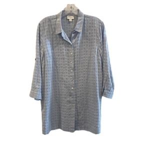 J Jill Shirt Womens Medium Cotton Button Down Roll Tab Sleeve Semi Sheer Blue